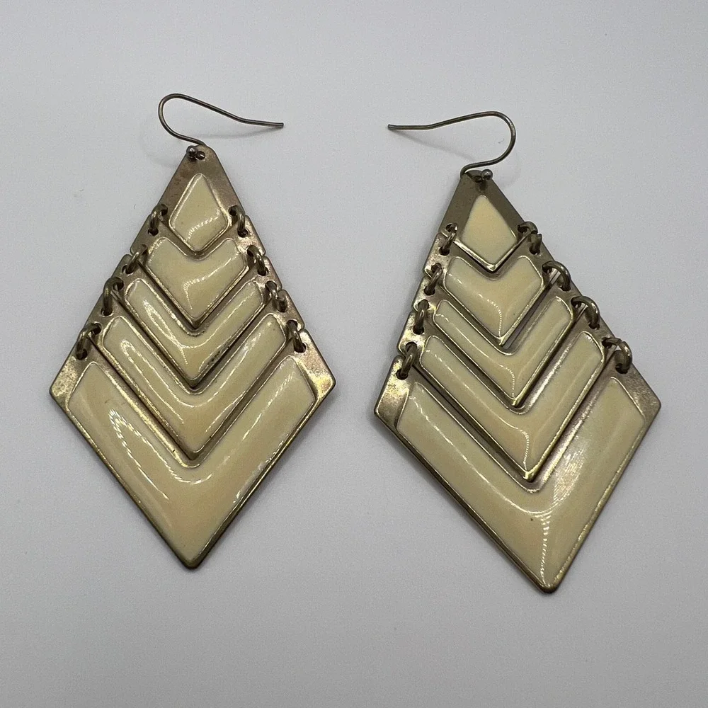 Gold Tone Cream Enamel Tiered Chevron Geometric Diamond Drop Earrings Large